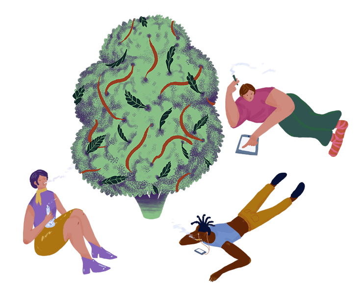 An illustration showing a group of three people, sitting around a very large nugget of cannabis flower. The three people are also smoking cannabis.